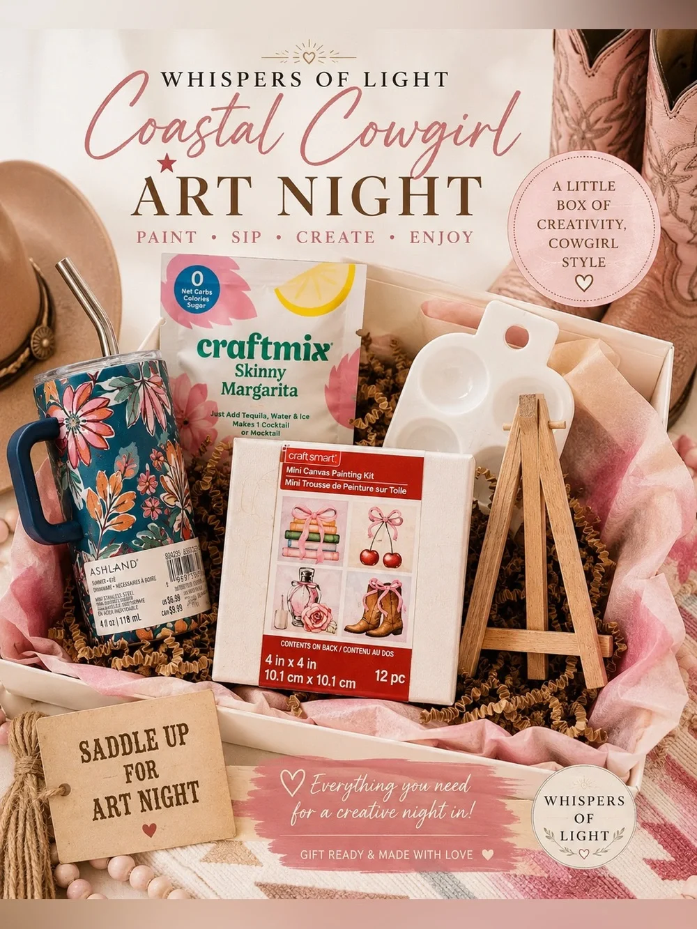 Whispers of Light Coastal Cowgirl Mini Art Night Paint & Sip Gift Box